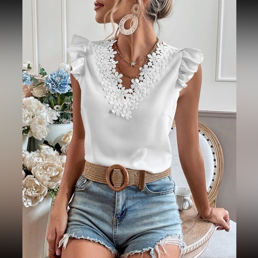 White Lace Trim Blouse